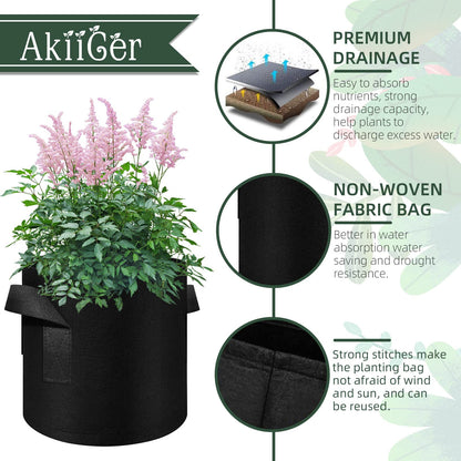 AkiiGer 5/10/12/20/30 Pack 10 Gallon Grow Bags, Heavy Duty Thickened Nonwoven Fabric Pots with Handles, Plant Grow Bags for Vegetable/Flower/Plant/Fruits, Black