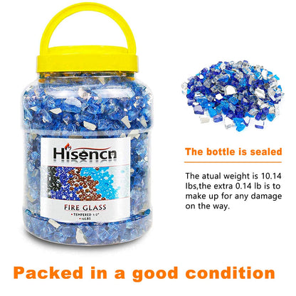 Hisencn Fire Glass 1/2 Inch - Blended Blue Reflective Tempered Fire Glass Rocks for Fire Pit, Outdoors and Indoors Natural or Propane Fireplaces, Fire Bowls Landscape Decoration, 10 Pounds