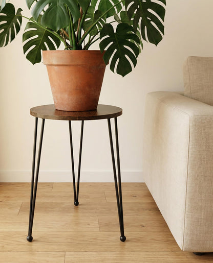 iLTreFlo 17 Inch Tall Metal Plant Stand Indoor,Heavy Duty Flower Pot Holder with 11.5 Inch Modern Round Board Table,Sturdy Metal Tripod Design Side Table,Matte Black
