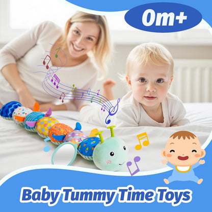 Baby Toys 0-6 Month, Musical Caterpillar Rattle, Infants Sensory Toy with Mirror Crinkle Textures, Newborn Developmental Tummy Time Stuffed Plush Animal toys for Babies Boys Girls 3-6-12 Months (Blue)