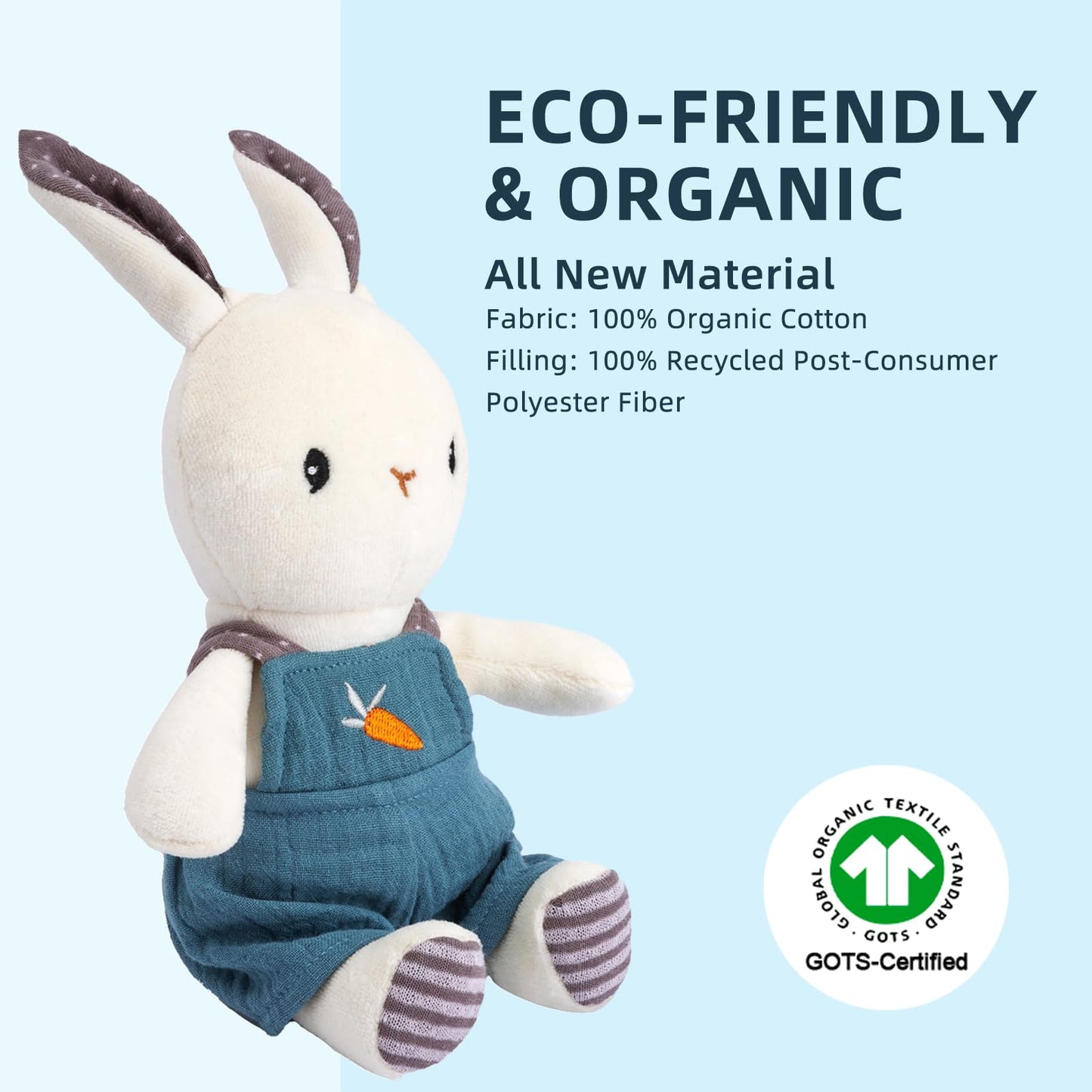 CUDDLE CORNER Bunny Stuffed Animal Organic Cotton Baby Plush Toys, 9" Organic Cotton Plush Bunny Toy with Overalls, Cute Soft Stuffed Rabbit Doll for Babies and Toddlers