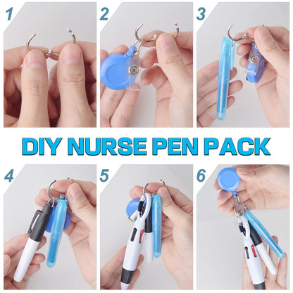 DLUGOPIS Nurse Pen Set - 6 Pieces Including Highlighter, Permanent Marker and Retractable Ball Pen, 24 Reels and 6 Badge Clips