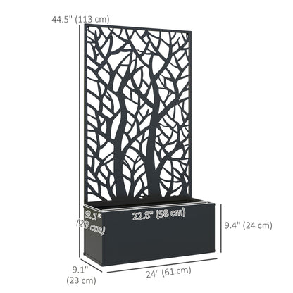 Outsunny Metal Raised Garden Bed with Trellis for Climbing Plants, Freestanding or Wall Mounted Flower Bed with Privacy Panel, Two Big Tree Cut-Outs Outdoor Planter Box for Garden, Patio, Balcony