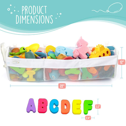 Comfylife Large Bath Toy Organizer with Letters and Numbers – 3 Compartment Bath Toy Holder for Bathtub & Shower – Quick-Dry Mesh with 4 Strong Adhesive Hooks