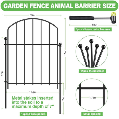 Decorative Garden Fence 17in x 10ft, 10 Pack Rustproof Metal Animal Barrier Fence, Arched Flower Bed Edge Decorative Rabbit and Dog Ground Defense No-Dig Fence for Patio Patio Outdoor