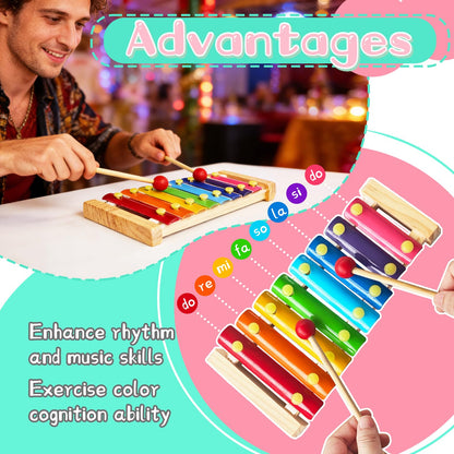 2 Pcs Wooden Xylophone for Kids,Xylophone Educational Musical Toy with 2 Child Mallets 8 Diatonic Keys,Xylophone Wooden Instruments Toys for Toddlers