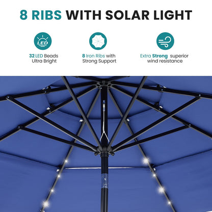 DUMOS 10FT 3 Tier Patio Umbrella with 32 LED Lights, 8 Ribs Outdoor Table Umbrella with Crank, Waterproof Market Umbrella for Pool, Beach, Terrace and Outdoor Restaurant, Navy Blue