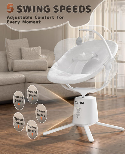 Zoicay Baby Swing,Baby Swings for Infants with 3 Modes & 5 Speeds, BT Enabled App & Remote Control, Electric Swing – 6 Lullabies and 3 Timer Setting, 2 Seat Positions and 5-Point Harness Swing (White)