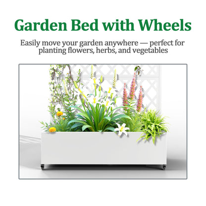 Metal Raised Garden Bed with Trellis and Wheels, 2 in 1 Trellis with Planter Box & Privacy Screen for Climbing Plants, Outdoor Standing Flower Beds with Drainage Holes, 47.2''L×15.7''W×70.9''H, White