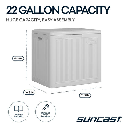Suncast 22-Gal. Resin Small Outdoor Patio Deck Box with Reeded Design, Modern Outdoor Patio Bench/Storage Box for Cushions, Garden Tools, and More, French Gray