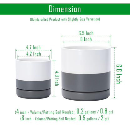 D'vine Dev 4.7 Inch & 6.5 Inch Ceramic Planter Pots for Plants with Drainage Hole and Saucer, Small Plant Pots Set, White/Speckled Grey, 94-G-S-6