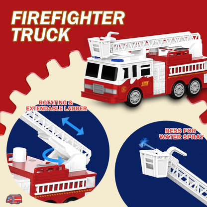 EPPO 4 Packs Fire Truck Toy, Ambulance, Police Car, and Helicopter, Emergency Vehicle Truck Toy Set with Lights and Sounds, Friction Powered Car Toy for Toddler Boys Girls 3 4 5 6 Years Old