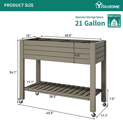 YITAHOME 43.3x17.7x34 in Elevated Garden Bed, Outdoor Plastic Planter Box with Wheels, Legs, Drain Plug, and Storage Shelf for Plants, Vegetables, Flowers, Herbs, Light Brown