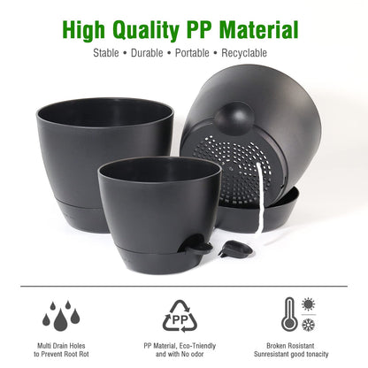 UOUZ Large Self Watering Pots, 12/10/9 Plastic Planters with High Drainage Holes and Deep Reservoir for Indoor Outdoor Garden Plants and Flowers, Black