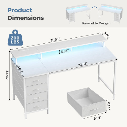 DUMOS 40 Inch Computer Desk with 4 Drawers,4 Drawer Gaming Desk with Power Outlets and LED Lights,Office Desk for Small Spaces with Monitor Shelf,Writing Desk for Home Office,Bedroom, Study,White