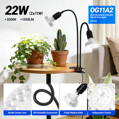 Barrina Orbgrow OG11A2 Clip On Grow Lights for Indoor Plants, Integrated Stepless Dimming & Timing, 5000K 22W(2 x 11W, 200 Watt Equiv), Full Spectrum 2-Gooseneck with E26 Plant Light Bulbs
