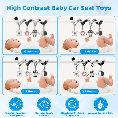 AJsupojouet High Contrast Baby Toys - Black & White Hanging Toys for Car Seat, Stroller & Crib | Newborn Essentials 0-6 Months | Perfect