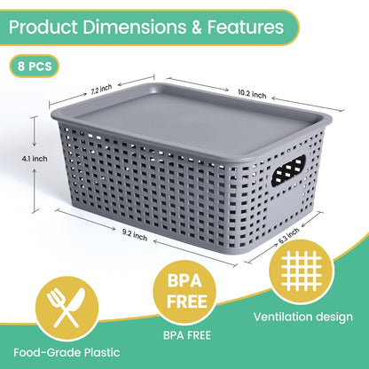 Plastic Storage Baskets with Lid-Plastic Storage Containers Stackable Storage bins: Storage Baskets for Organizing Shelves Drawers Desktop Closet Playroom Classroom Office,8 Pack-Gray10.2x7.2x4.1Inch