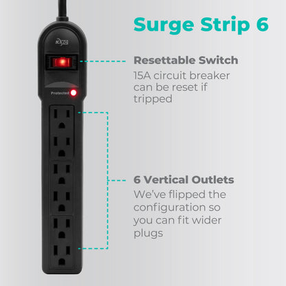KMC 6-Outlet Surge Protector Power Strip 2-Pack, 900 Joules, 4-Foot Extension Cord, Overload Protection, Black
