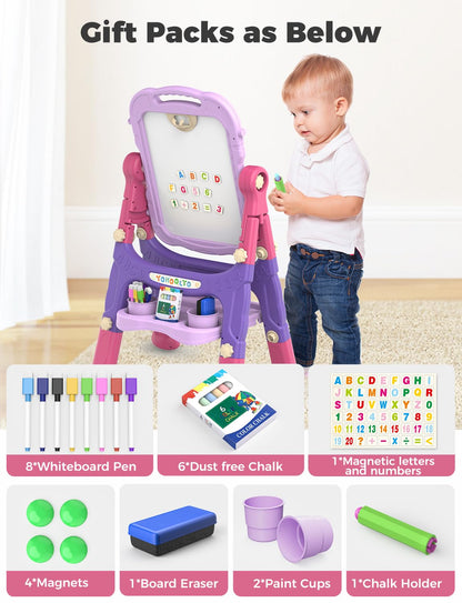 YOHOOLYO Kids Easel Standing Art Easel for Kids, Double Sided Children Pink Purple Easel Magnetic Chalkboard Whiteboard Dry Eraser Board Great Gift for Girls