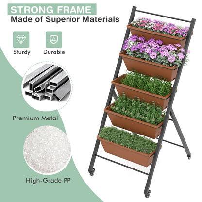 S AFSTAR 5-Tier Vertical Garden Planter, Raised Garden Bed with 2 Lockable Wheels, 5 Removable Planter Boxes, Metal Frame, Indoor Outdoor Elevated Planting Box for Flower Vegetables Fruit Herbs