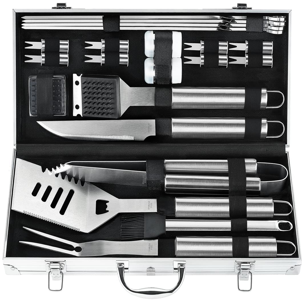 POLIGO 22PCS Heavy Duty BBQ Grill Accessories Set, Non-Slip Grill Tools for Outdoor Grill Set Stainless Steel Grill Utensils Set, Deluxe Grilling Tools Set in Aluminum Case Ideal Gifts for Men Silver