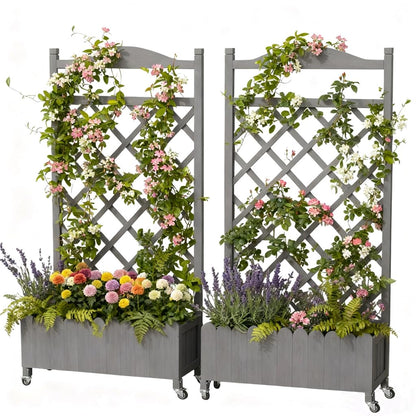 COMHOMA 2 Pack Raised Garden Bed with Trellis and Wheels,48Inch Elevated Planter Box with Drainage Holes,Lattice Privacy Screen for Climbing Plants Vegetables,Outdoor for Patio Balcony Yard,Gray