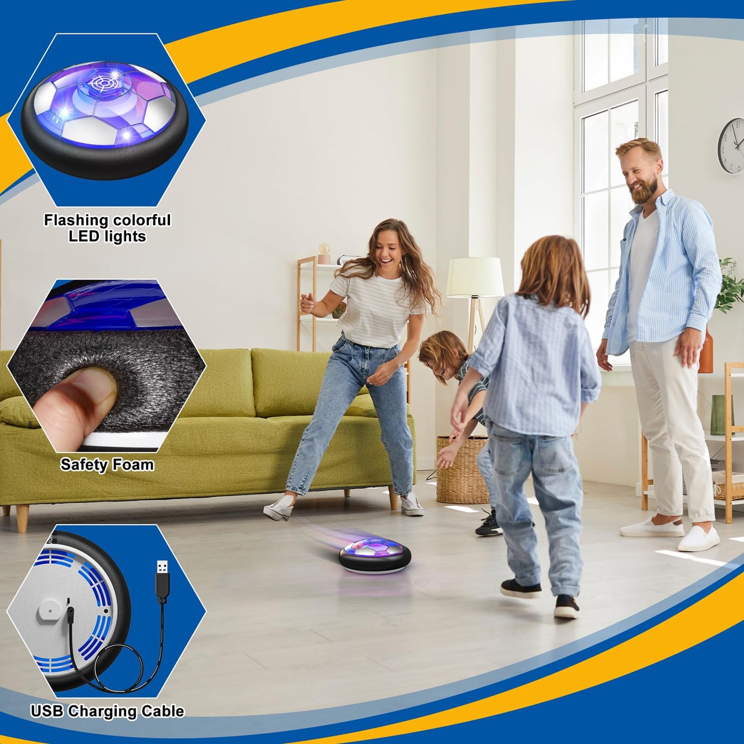 Ancesfun 2 in 1 Hover Soccer Ball Set, USB Rechargeable Air Power Soccer Kids Toys with LED Lights and Foam Bumper Protection, 2 Goals for Boys and Girls Ages 3 4 5 6 7 8-12 Indoor/Outdoor Games