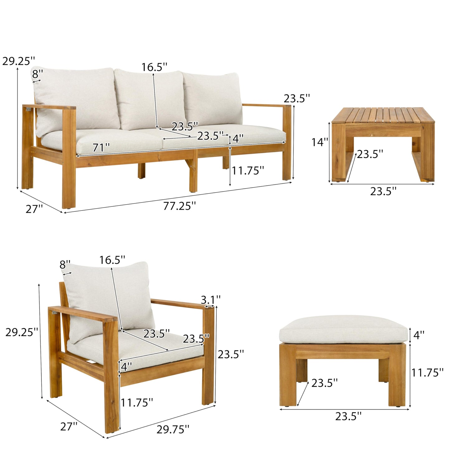 Merax Outdoor 5-Piece Acacia Wood Sectional Patio Sofa Set, 3-Seater Sofa, 2 Chairs, Ottoman & Coffee Table with Water-Repellent Cushions for Garden, Deck & Poolside