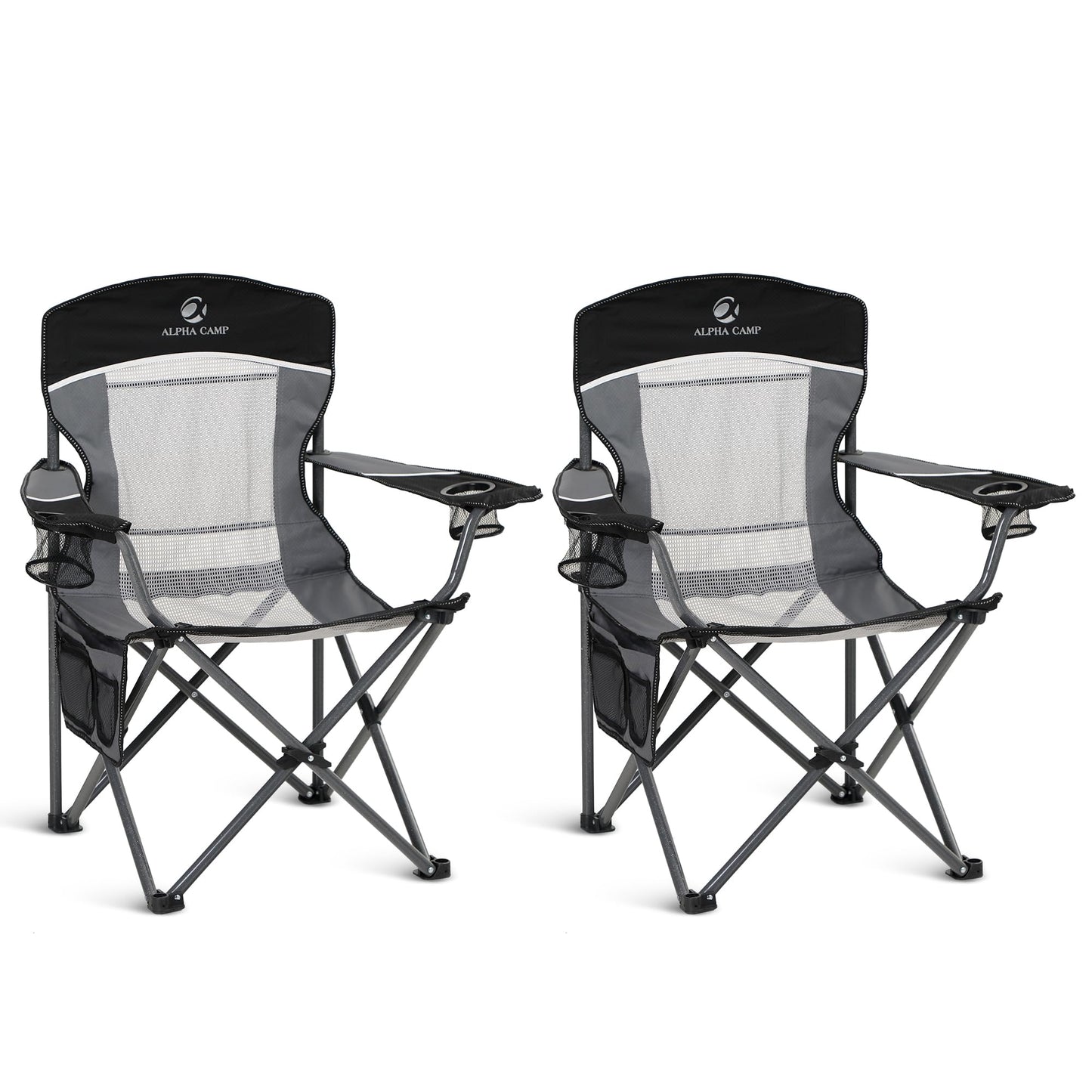 ALPHA CAMP 2PC Oversized Mesh Back Camping Folding Chair Heavy Duty Support 350 LBS Collapsible Steel Frame Quad Chair Padded Arm Chair with Cup Holder Portable for Outdoor (Black-2PC)