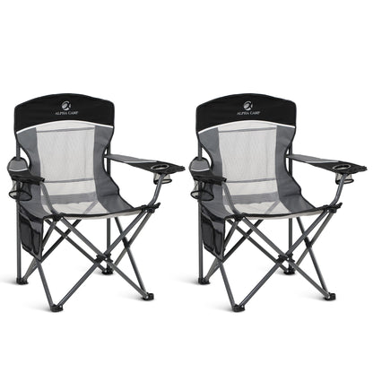 ALPHA CAMP 2PC Oversized Mesh Back Camping Folding Chair Heavy Duty Support 350 LBS Collapsible Steel Frame Quad Chair Padded Arm Chair with Cup Holder Portable for Outdoor (Black-2PC)