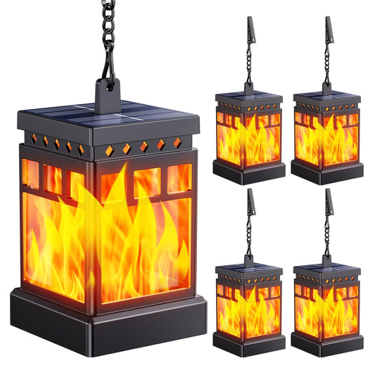 KOOPER Hanging Solar Lanterns Outdoor Waterproof, 4PCS Flickering Flame Hanging Solar Lights for Outside, Outdoor Solar Lanterns up to 12 Hours, Lanterns Decorative for Patio Porch Yard Garden Decor