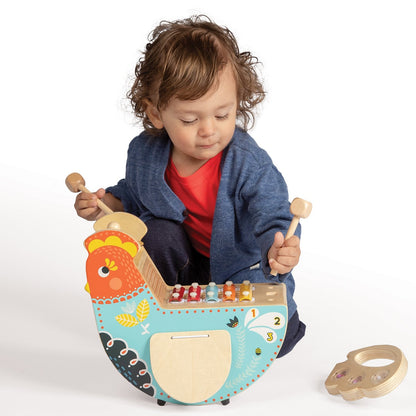 Manhattan Toy Musical Chicken Wooden Instrument for Toddlers with Xylophone, Drumsticks, Cymbal and Maraca,Blue