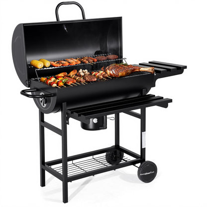 MASTER COOK Barrel Charcoal Grill with Foldable Front Shelf, 686 Sq.in. Cooking Area Outdoor bbq Grill,Thermometer and Adjustable Air Vents for Patio, Parties,Backyard, Tailgating, Black