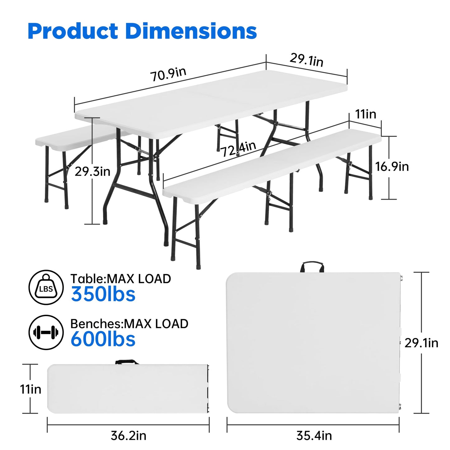 Winlice 6 FT White Picnic Folding Table Set with 2 Benches, Portable Patio Dining Sets for Backyard, Lawn, Event, Party, Camping
