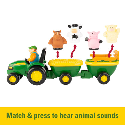 TOMY John Deere Animal Sounds Hayride Musical Tractor Toy - Musical Hayride Toddler Toys - Includes Farmer Figure, Tractor, and 4 Farm Animals - Toddler Music Toys - Ages 12 Months and Up