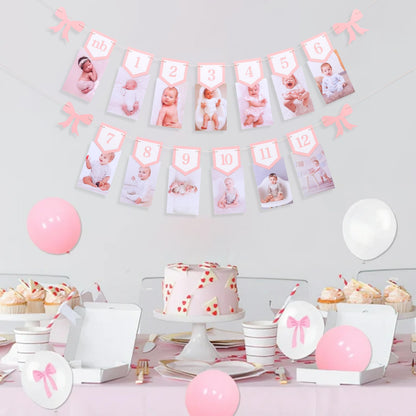 Pink Bow Monthly Milestones Photo Banner - Baby Girls Newborn to 12 Months Photo Display, 1st Birthday Photo Banner for Baby Girls, Bow 1st Birthday Decorations
