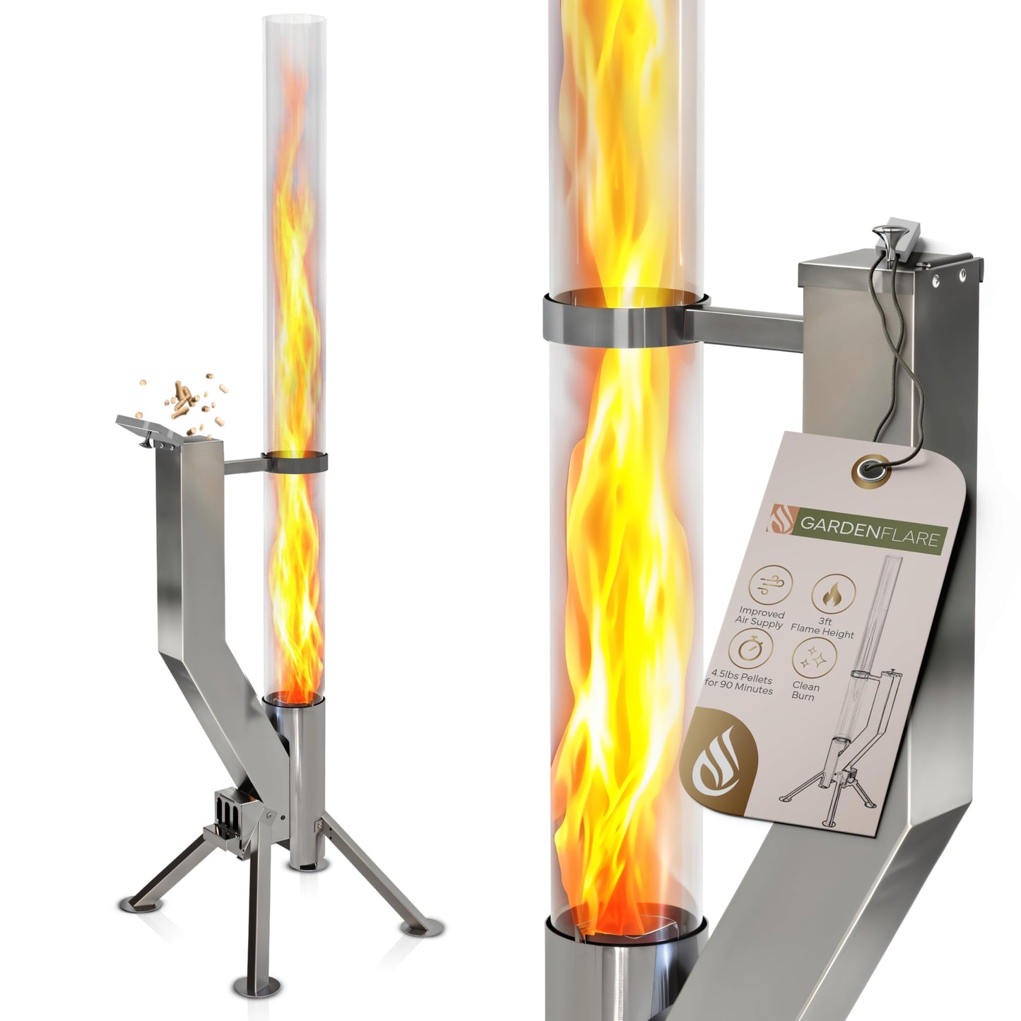 Gardenflare GARDENFLARE Stainless Steel Pellet Stove & Smokeless Firepit, Patio Heater for Ambiance - Fire Pit for Patio, Fire Tube, Outside Backyard Bonfire & Outdoor Fireplace (Silver, Premium)
