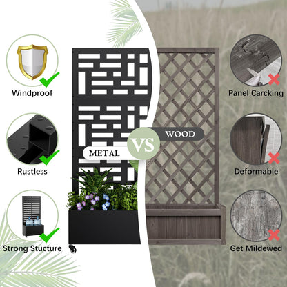 Baotree Metal Raised Garden Bed with Trellis and Wheels, 72"x 35"x 16" Privacy Planters for Patio, Planter Box with Drainage Holes for Climbing Plants, Flower, Vegetable (Black-Helen)