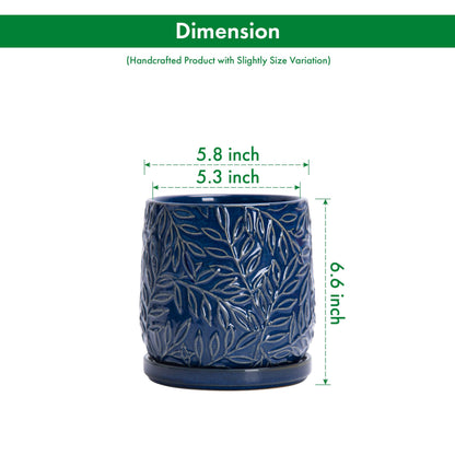 D'vine Dev 6 Inch Embossed Leaves Stoneware Planter Pot with Drainage Hole and Saucer, Midnight Blue, 27-A-X-3