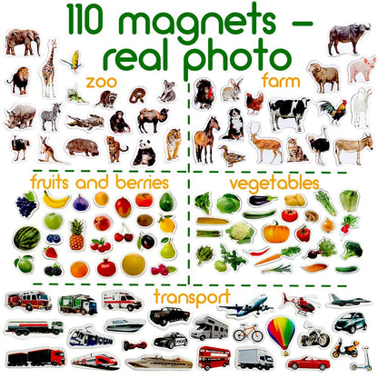 110 Fridge Magnet for Toddlers in Gift Tin Box Kids Magnets for Fridge - Realistic Magnetic Animals for Refrigerator - Safe Educational Materials for Baby: Zoo, Farm, Fruits, Vegetables, Transport