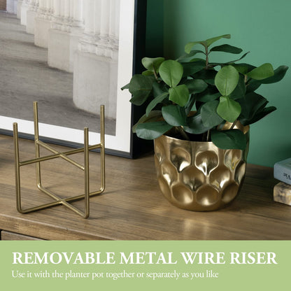 MyGift 7 Inch Deluxe Modern Hammered Brass Tone Metal Flower Planter Pot with Decorative Riser, Plant Pot with Display Stand Décor - Handcrafted in India