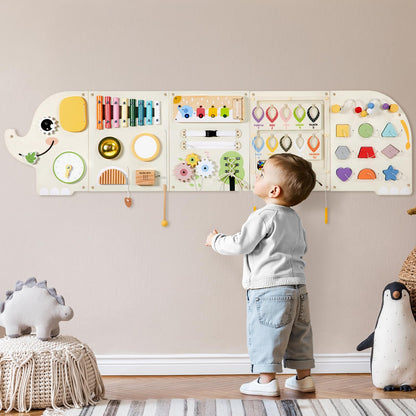 Elephant Activity Wall Busy Board Panels,Wooden Montessori Learning Activity Center Sensory Toys Wooden Sensory Wall Panel for Kids Ideal Furniture for Playroom Daycare Dentist Waiting Room Nursery