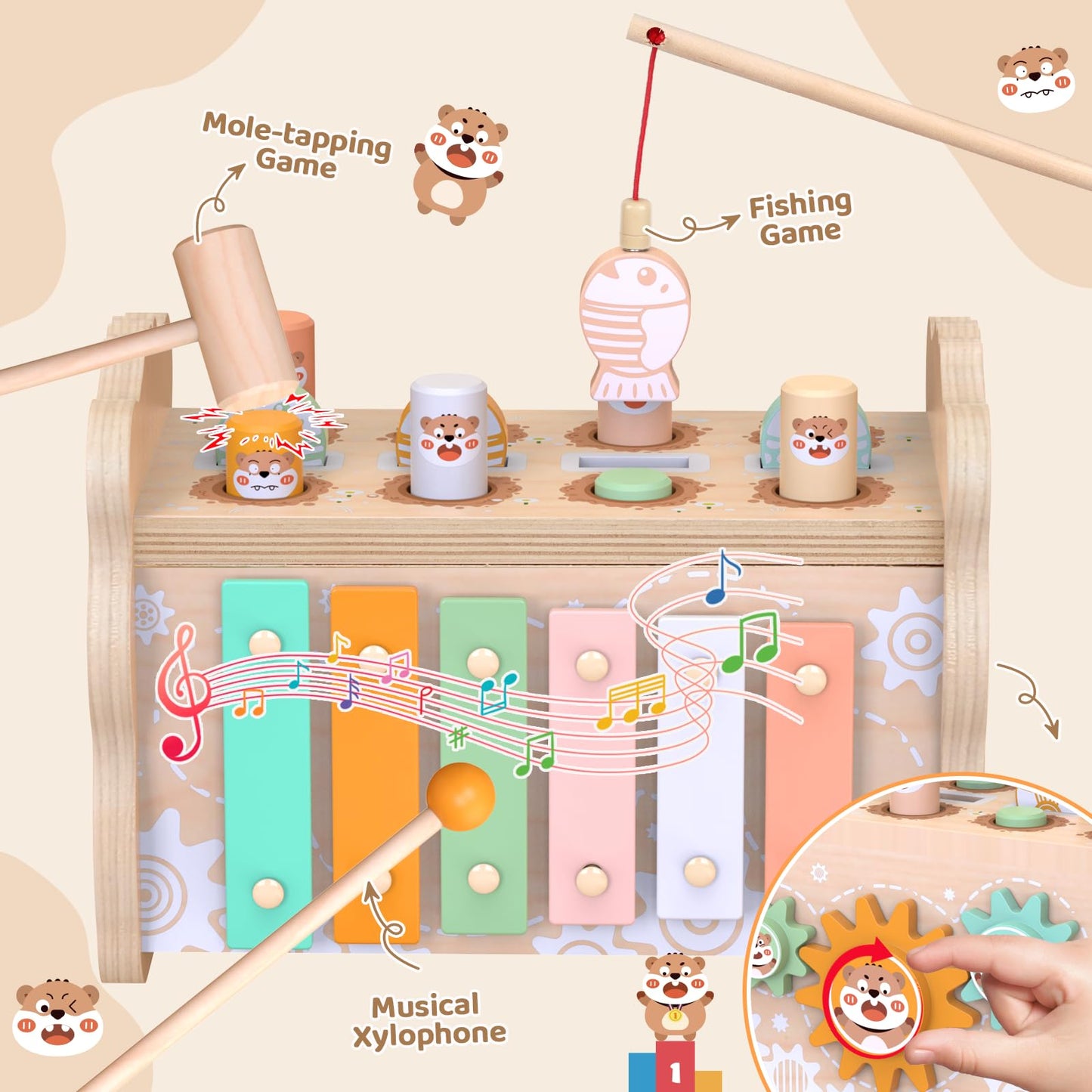 Wooden Montessori Toys for 1 Year Old, Pounding Hammering Toy with Xylophone & Fishing Game, Car Ramp Toy, Stacking Blocks & Shape Sorter 3 in 1 Wooden Toddler Toys 1 2 3 for Christmas Easter Gifts