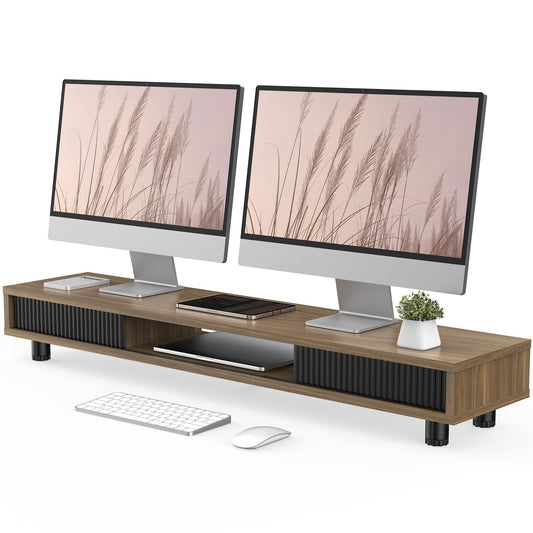 Fenge Dual Monitor Stand, 42.5inch Long Monitor Stands Riser for 2 Monitors, Sliding Door with Storage Organizer Stand for Desk, 2 Tier Desk Shelf for Laptop, Pc, Printer, Computer, TV