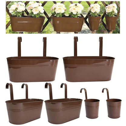 Joyfernal Set of 6 Balcony Hanging Planters, 2 Pcs 17" Metal Railing Flower Pots & 2 Pcs 12" Deck Planter & 2 Pcs 4" Fence Pot for Outdoor Patio Garden Décor, Chocolate