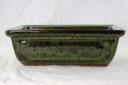 8" Rectangular Moss Green Glazed Bonsai Pot, Cactus & Succulent Planter + Tray + Rock + Mesh Combo