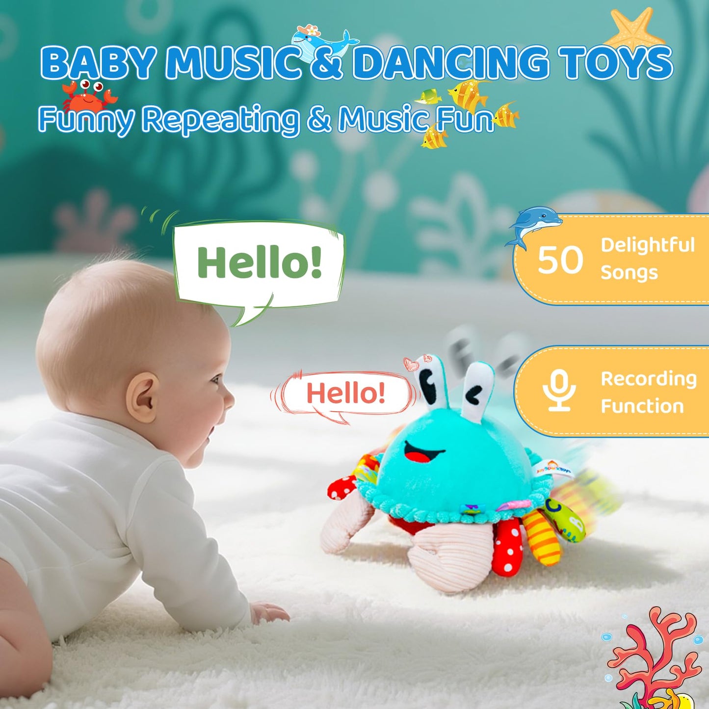 Baby Toys 12-18 Months, Musical Crawling Crab Baby Plush Toy, 50 Songs & Recording Feature, Dancing Bouncing Interactive Baby Sensory Toddler Toys 6-12 Months, Tummy Time Toys for 1 Year Old Gift