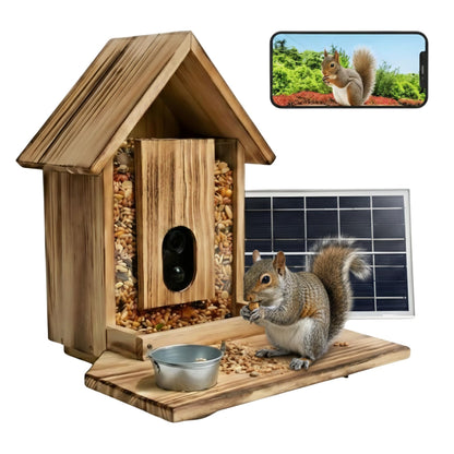 FAUBIC Squirrel Feeder with Camera - Includes Solar Powered Panel - Burned Pine Squirrel House with Anti-Chew Cable Protector - Smart Squirrel Feeder 160° HD Night Vision - 2.4Ghz WiFi Squirrel Camera