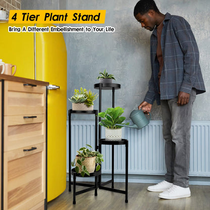 HOEGMST 4 Tier Plant Stand Indoor Outdoor, 31 Inch Tall Metal Plant Shelf Waterproof, Plant Holder with Folding Design For Home, Living Room, Black